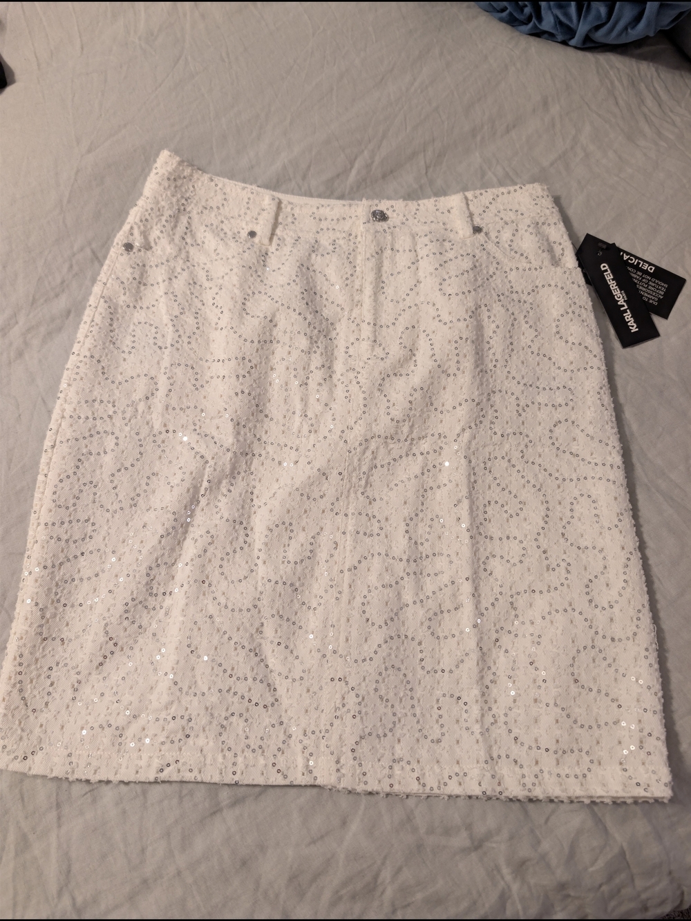 NWT Karl Lagerfeld Paris White Sequin Denim Pencil Skirt Size 8 Glam